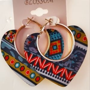 Round wooden earrings, heart-shaped wood and alloy earrings